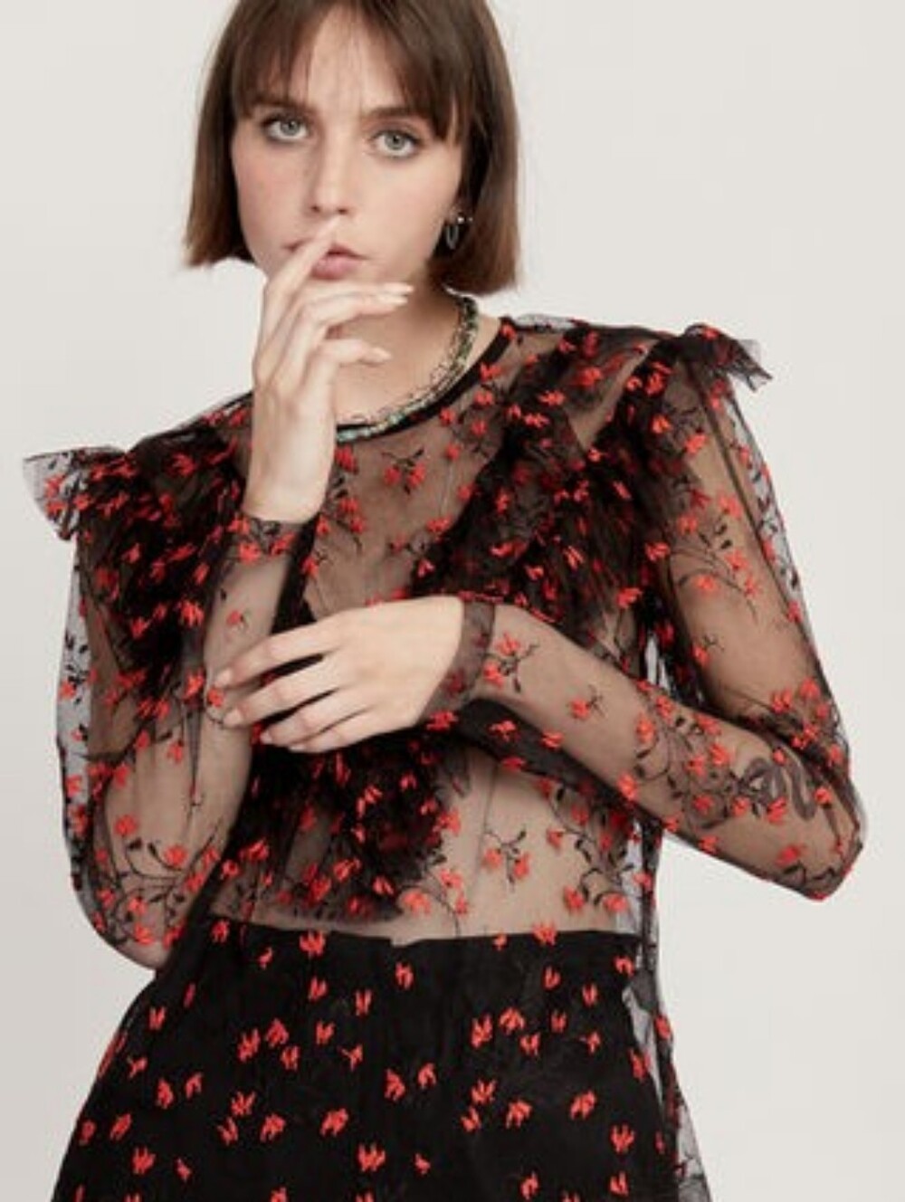 Sabina Musayev Sheer Mesh Ruffle Top